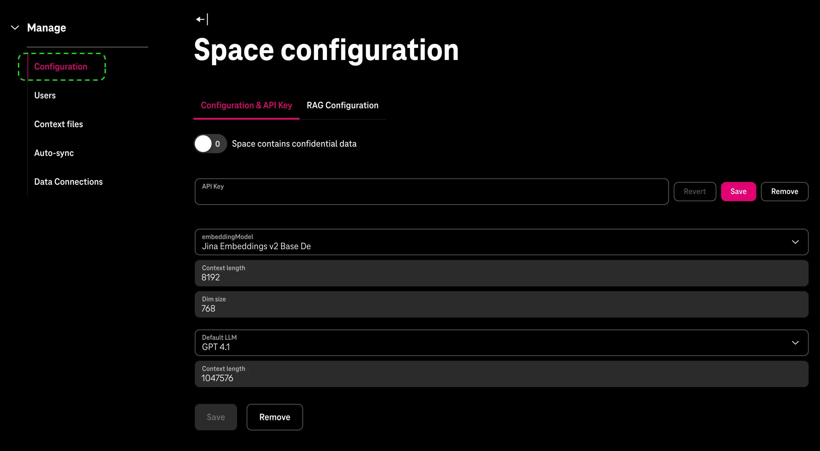Space configuration page