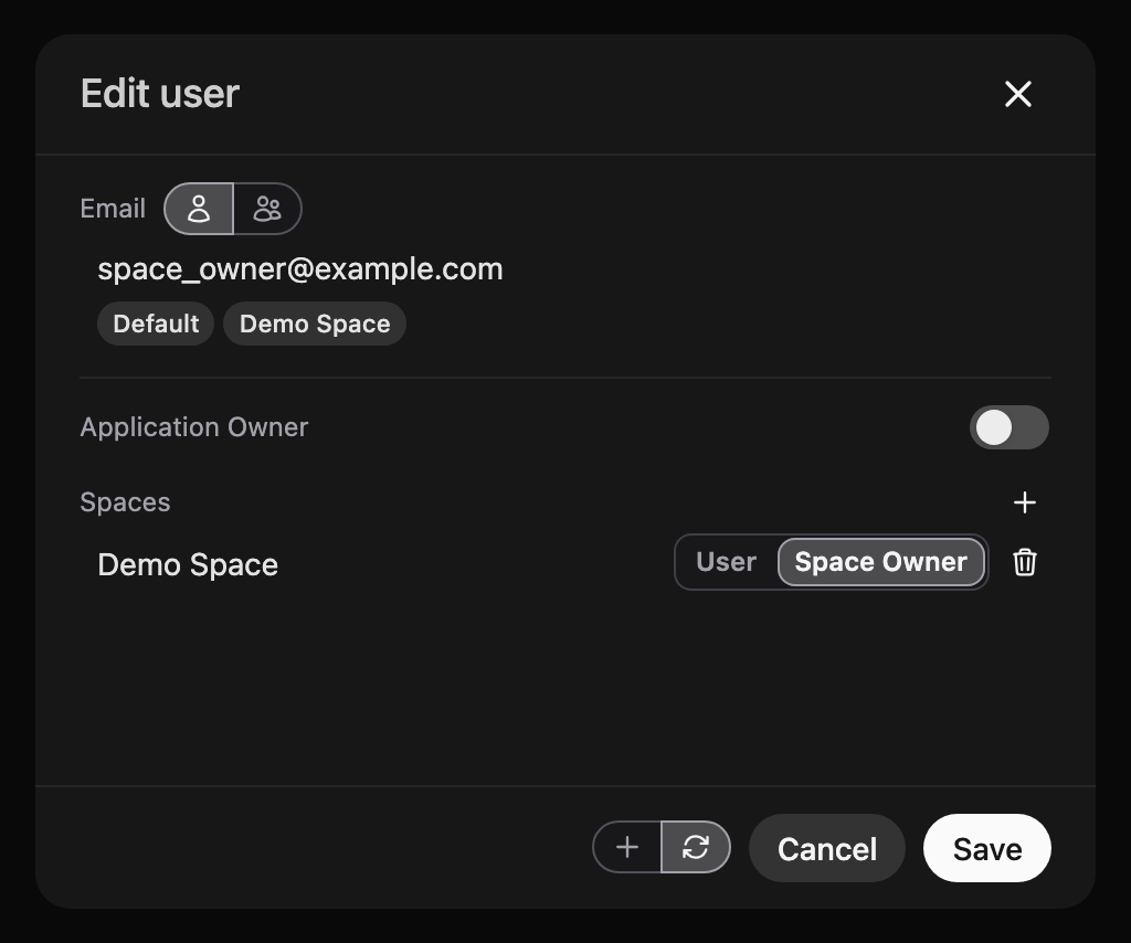 Edit user dialog with the user's Spaces and roles