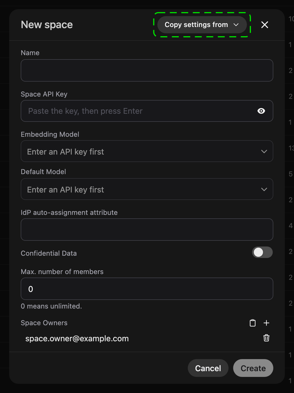 New space dialog with the Copy settings from menu