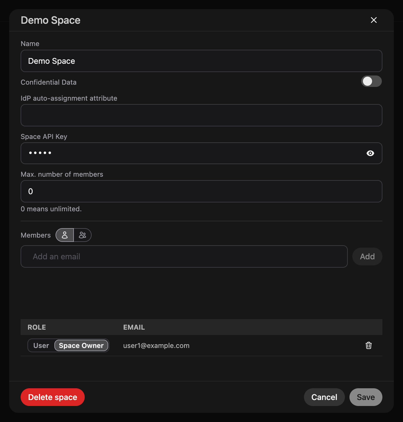 Space configuration with confidentiality, IdP attribute, API key and members