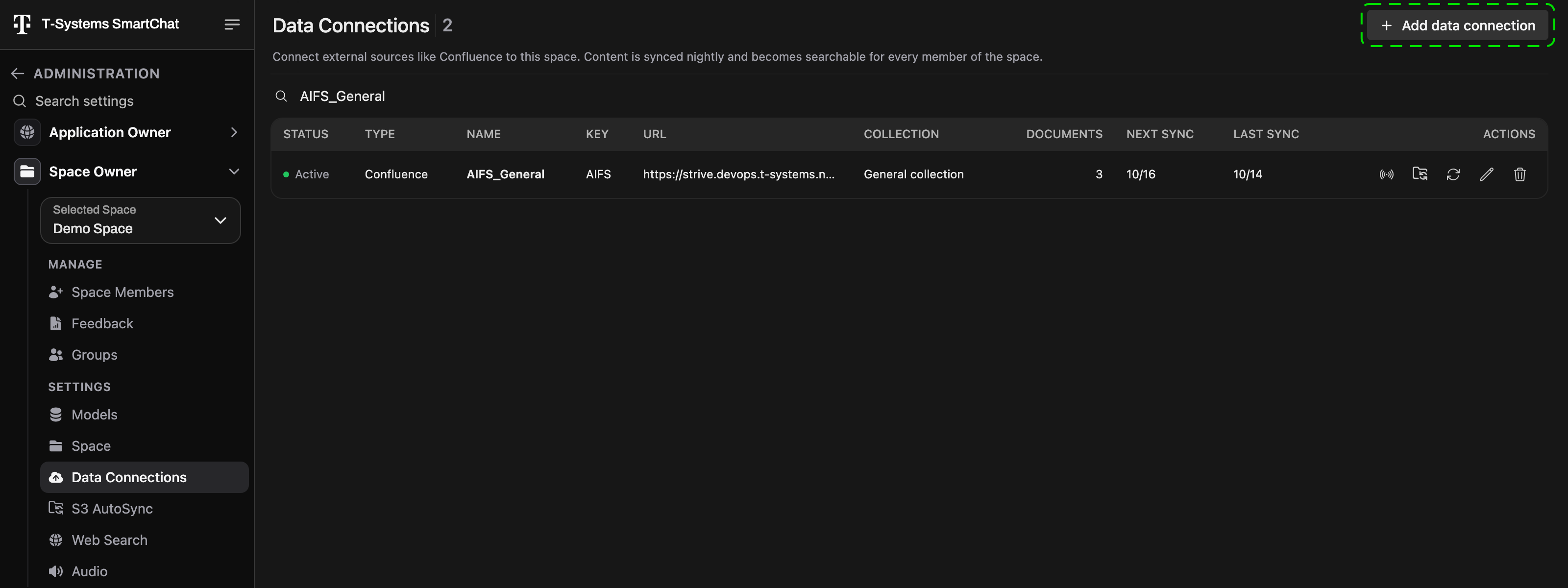 Data Connections page with one connection