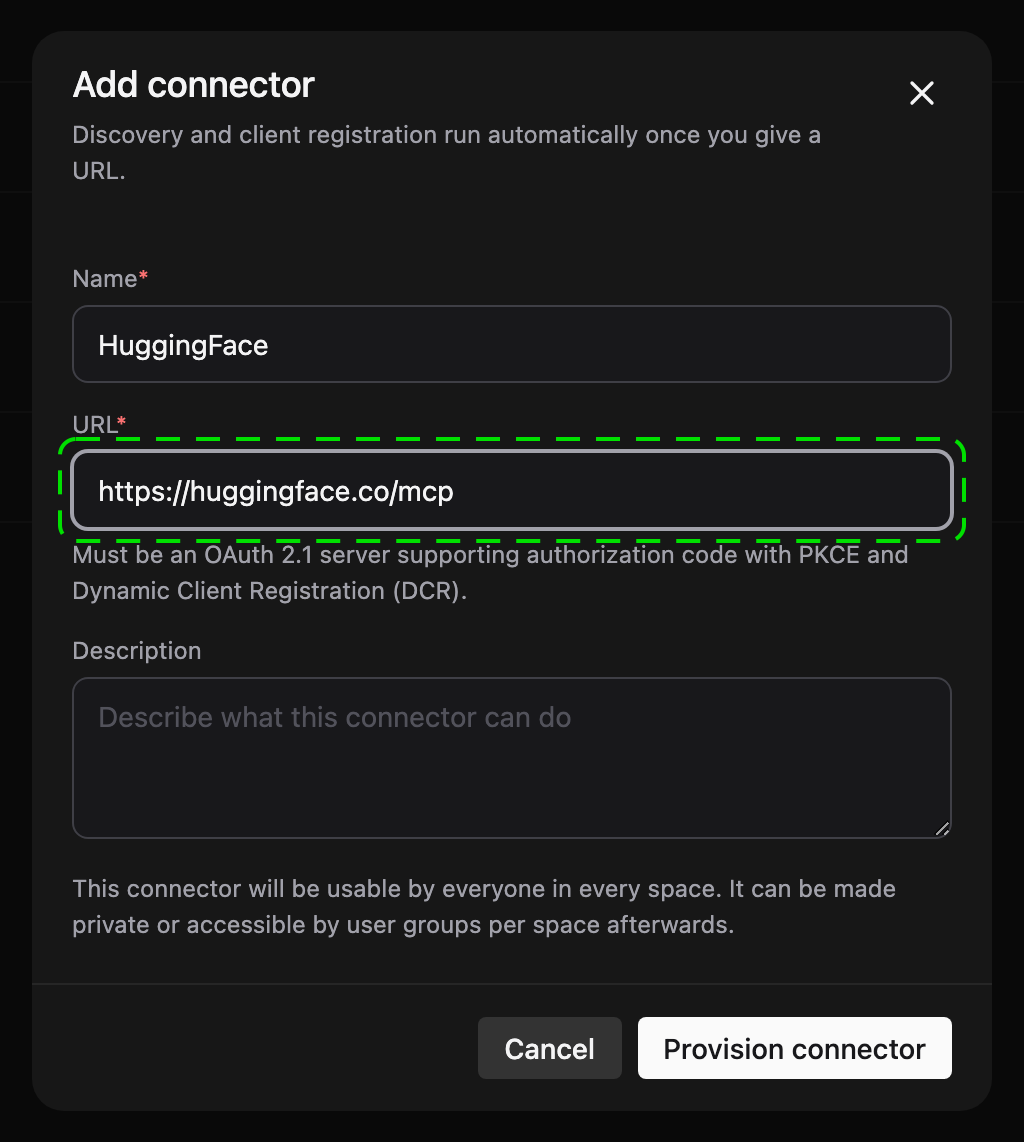 Add connector dialog with name and URL