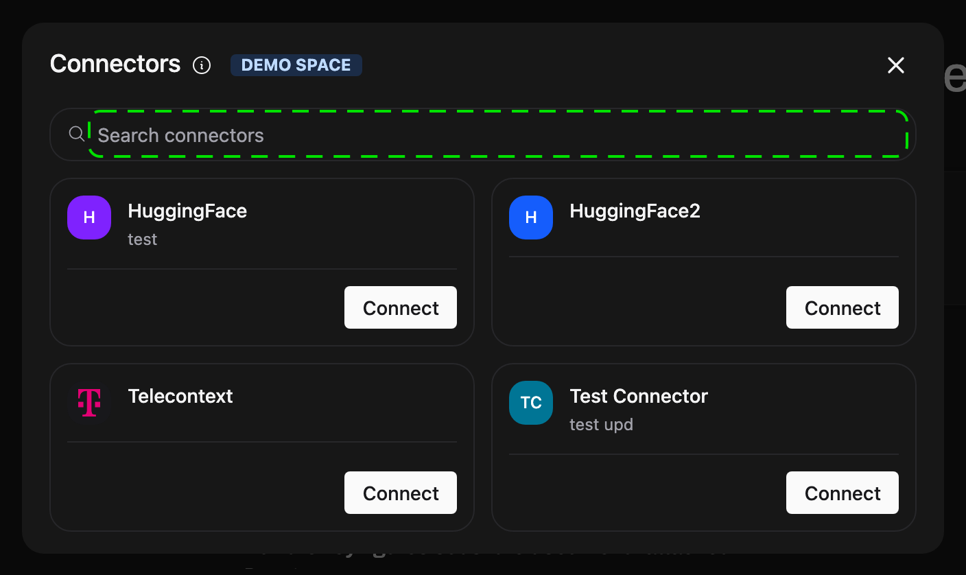 Connectors dialog with the available connectors