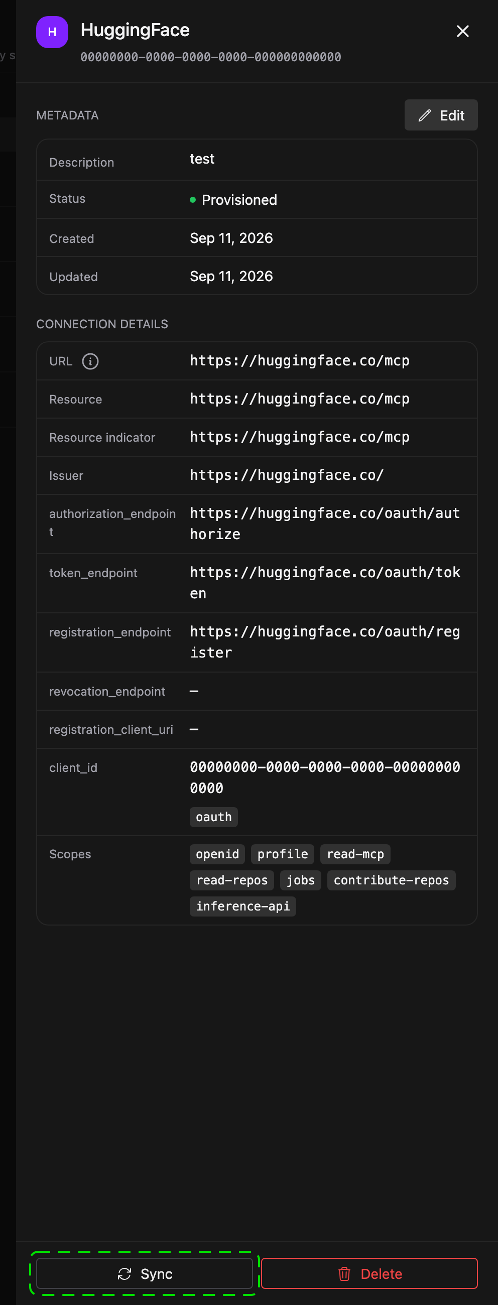 Provisioned connector with its endpoints, client ID and scopes