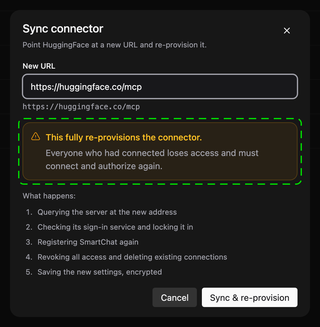 Sync connector dialog warning that everyone who had connected loses access