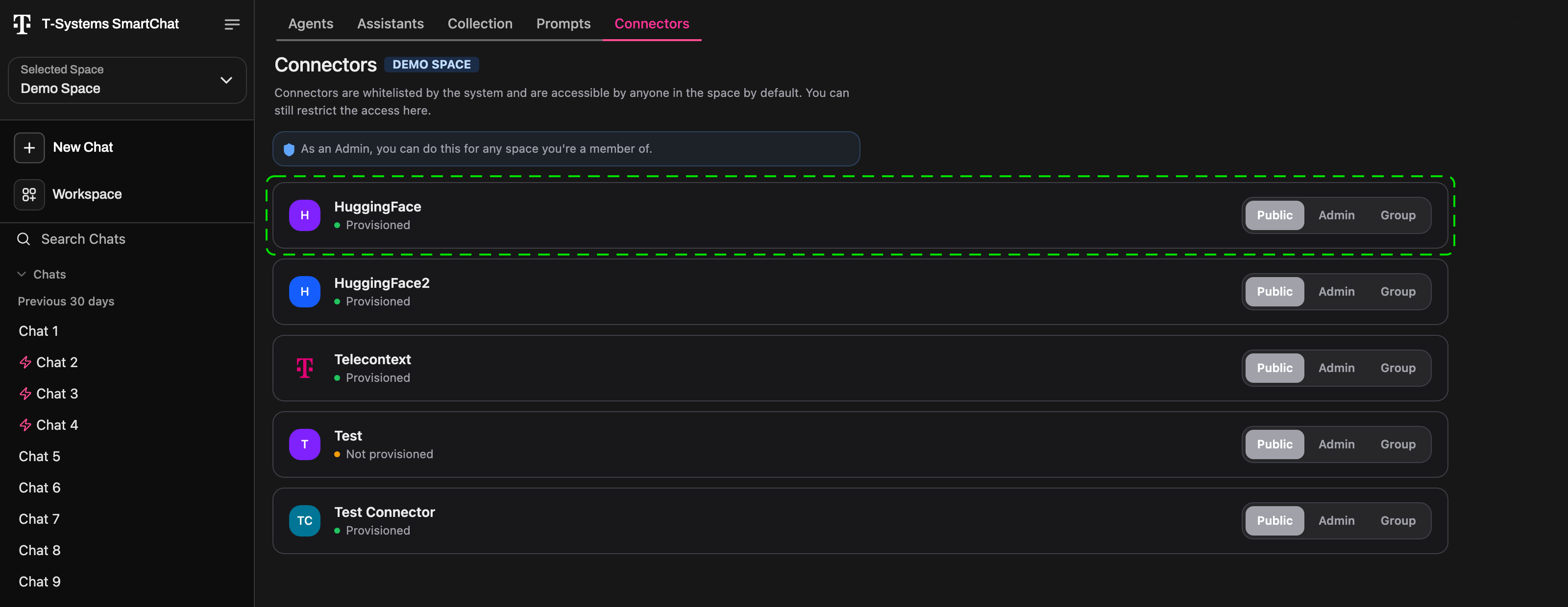 Workspace Connectors tab with Public, Admin and Group options