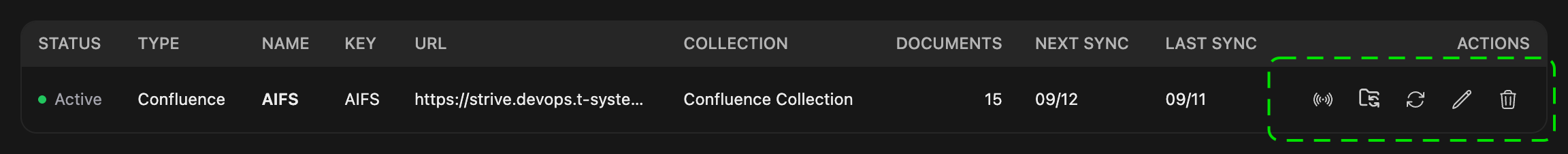 Connection row with status and actions