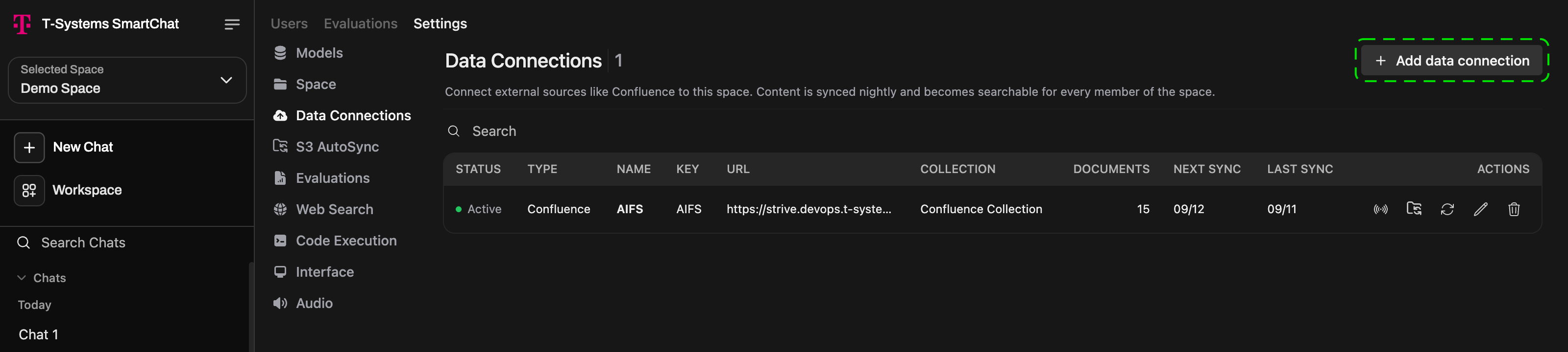Data Connections tab with one connection