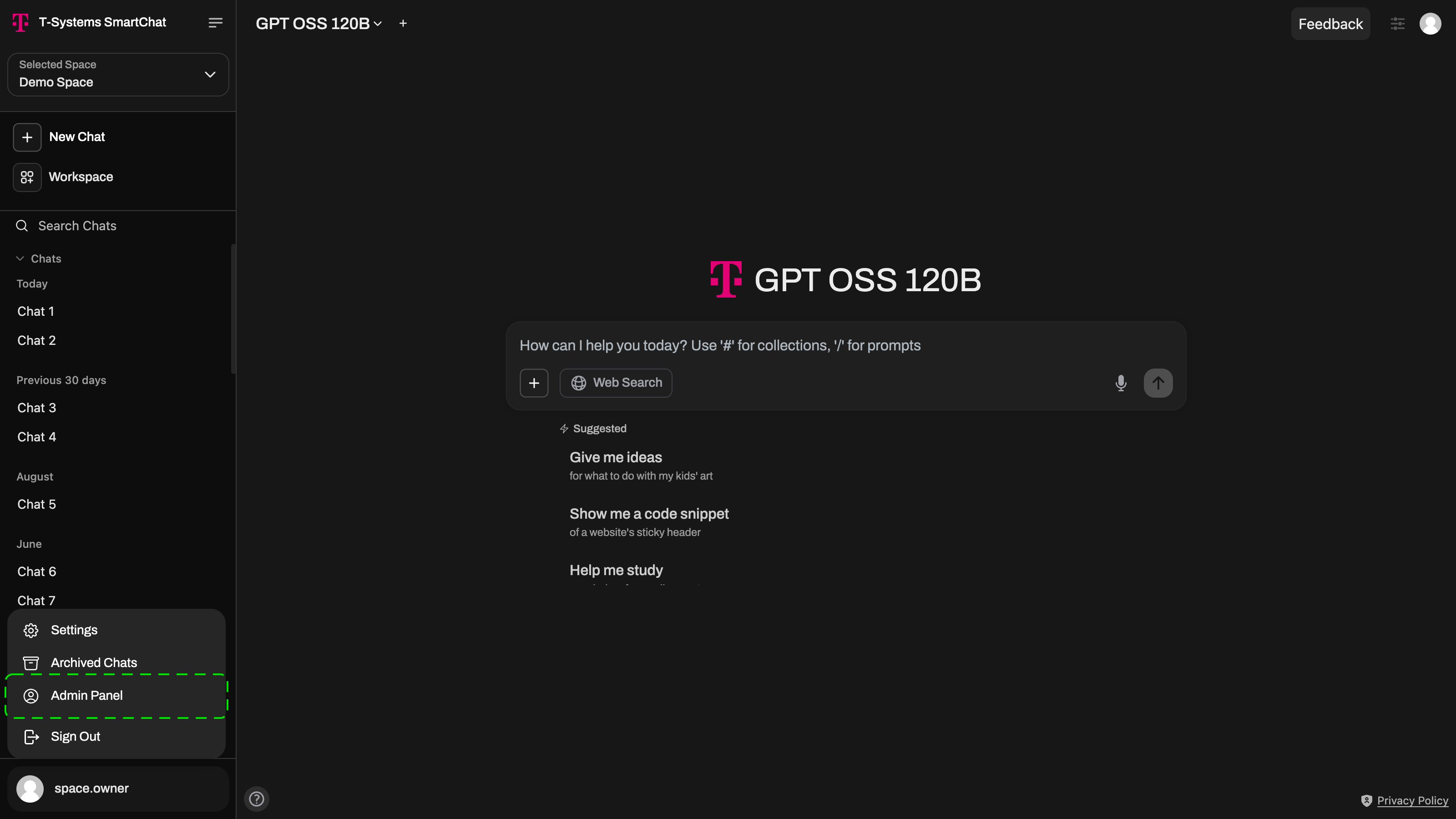 User menu with the Admin Panel entry