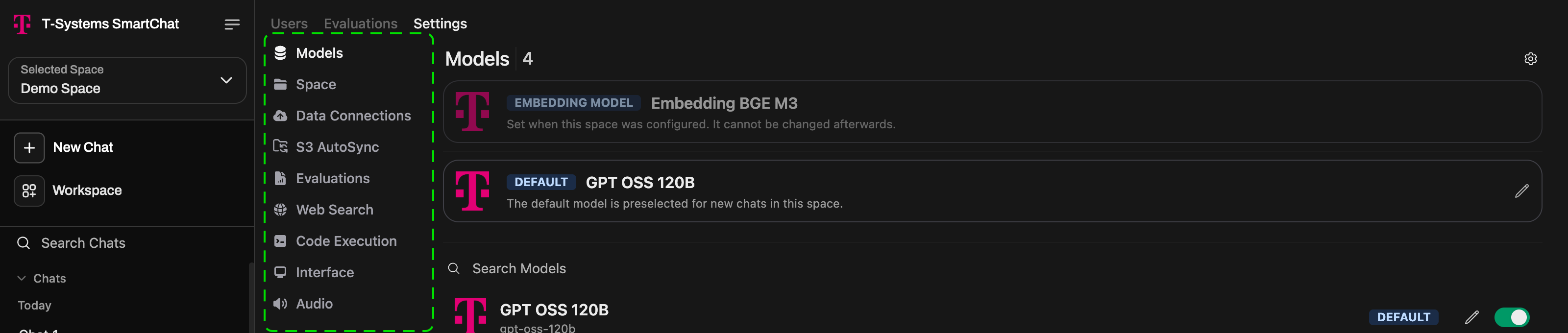 Settings tabs available to a Space Owner