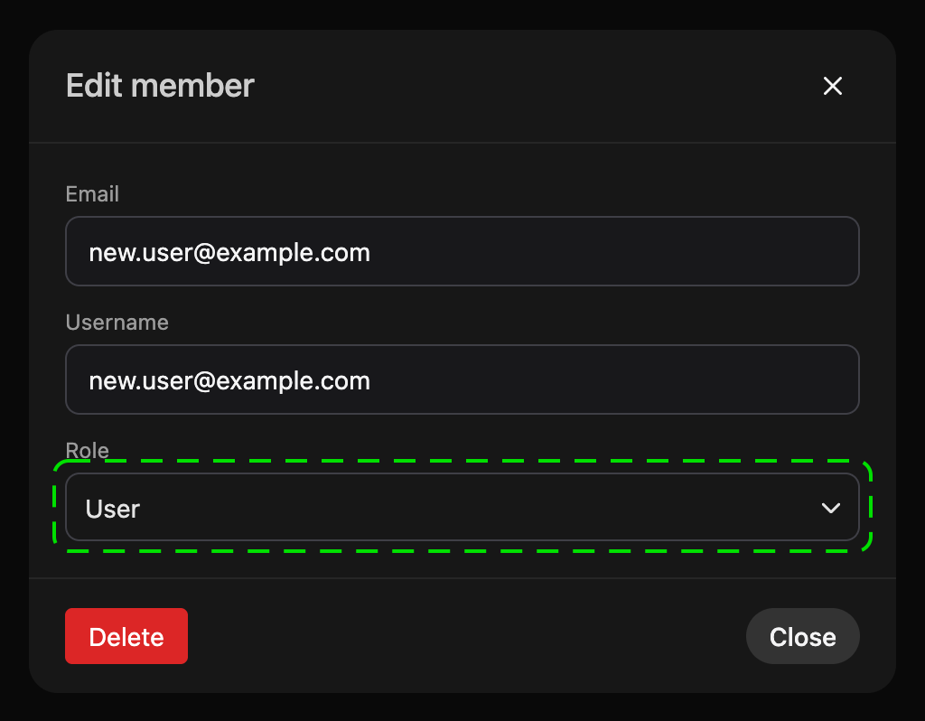 Edit member dialog with the Role selector