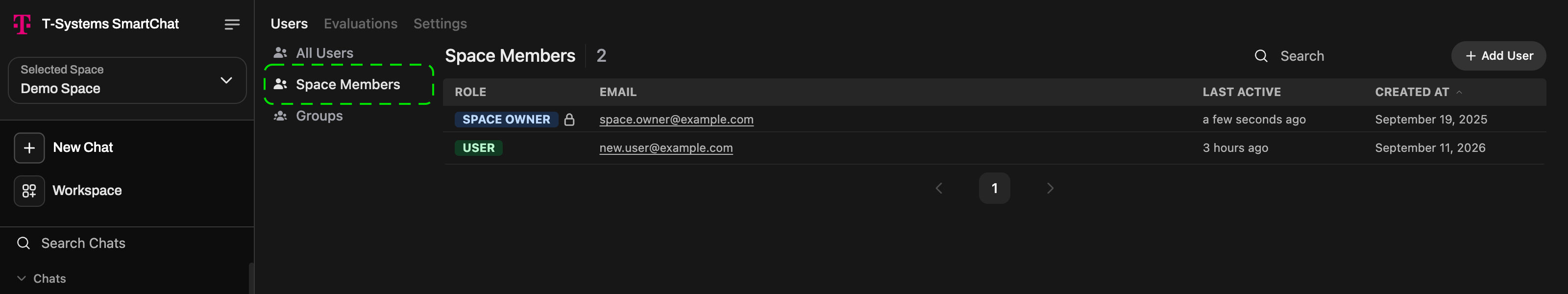 Space Members tab with role badges and the Add User button