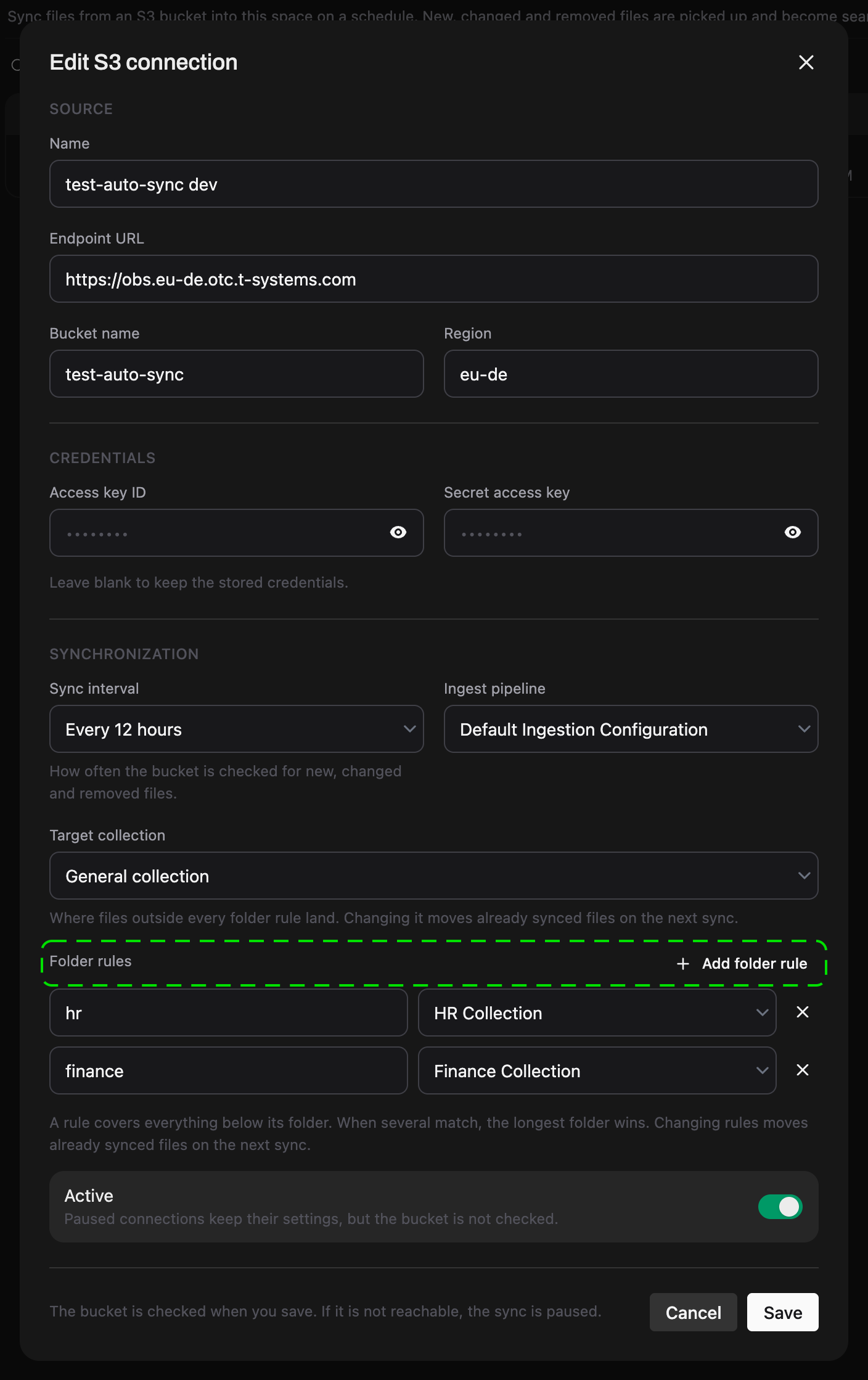 Add S3 connection form with folder rules