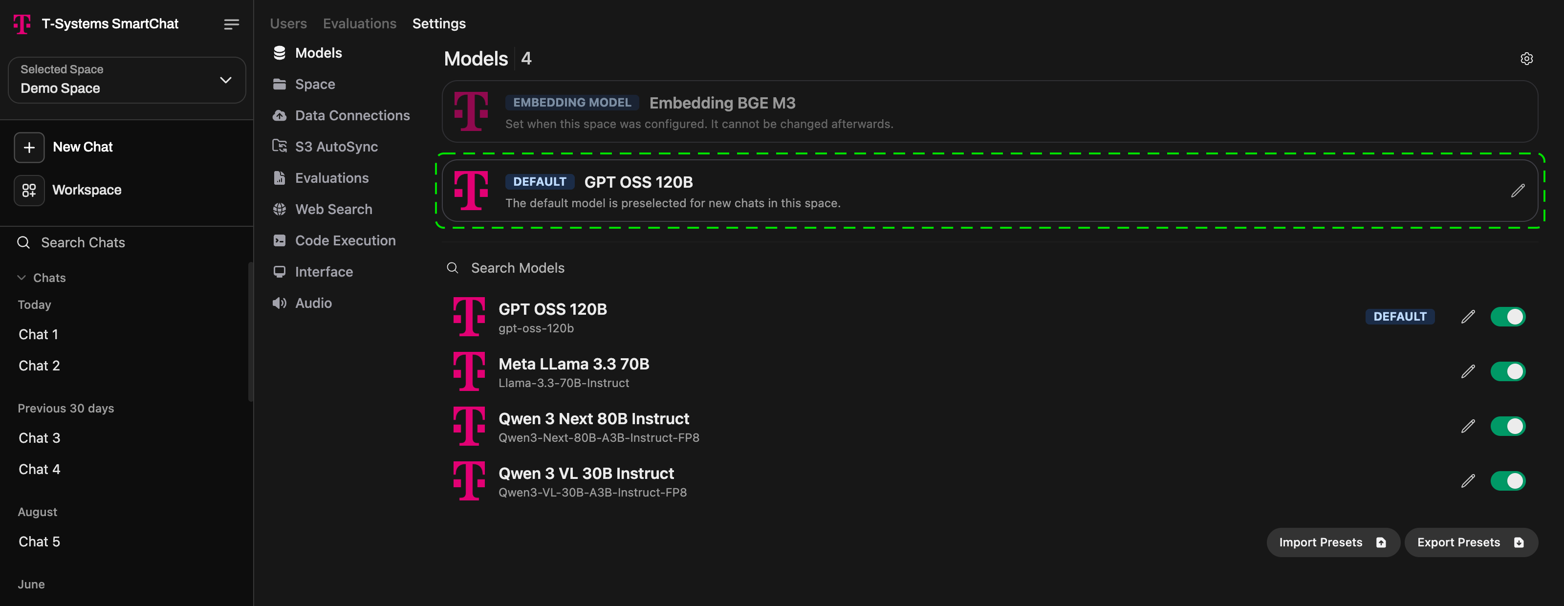 Models tab with the default model selector and the embedding model card