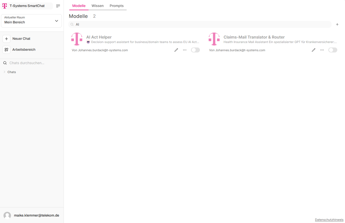 Workspace with Models, Knowledge, Prompts tabs
