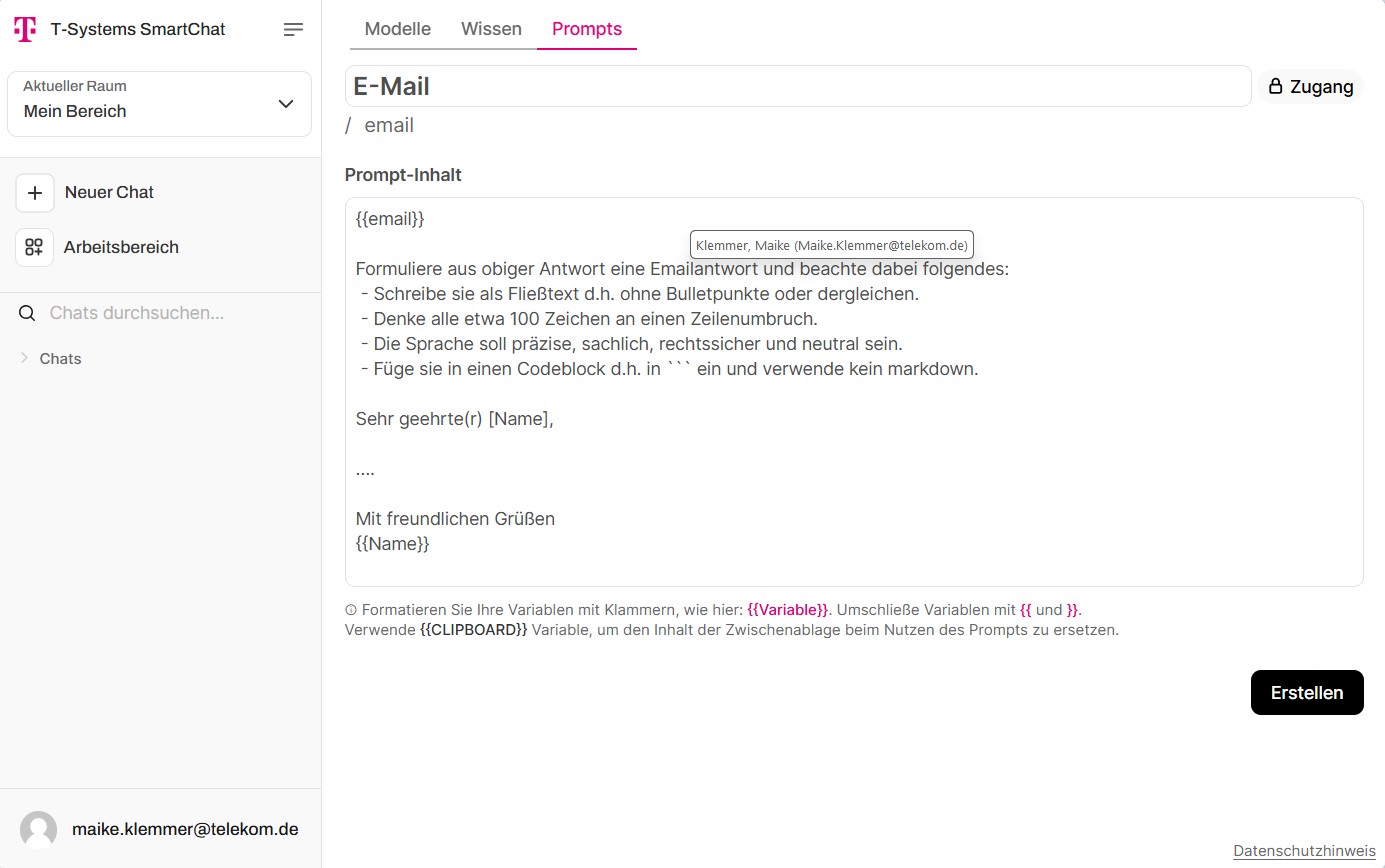 Access setting for a prompt template