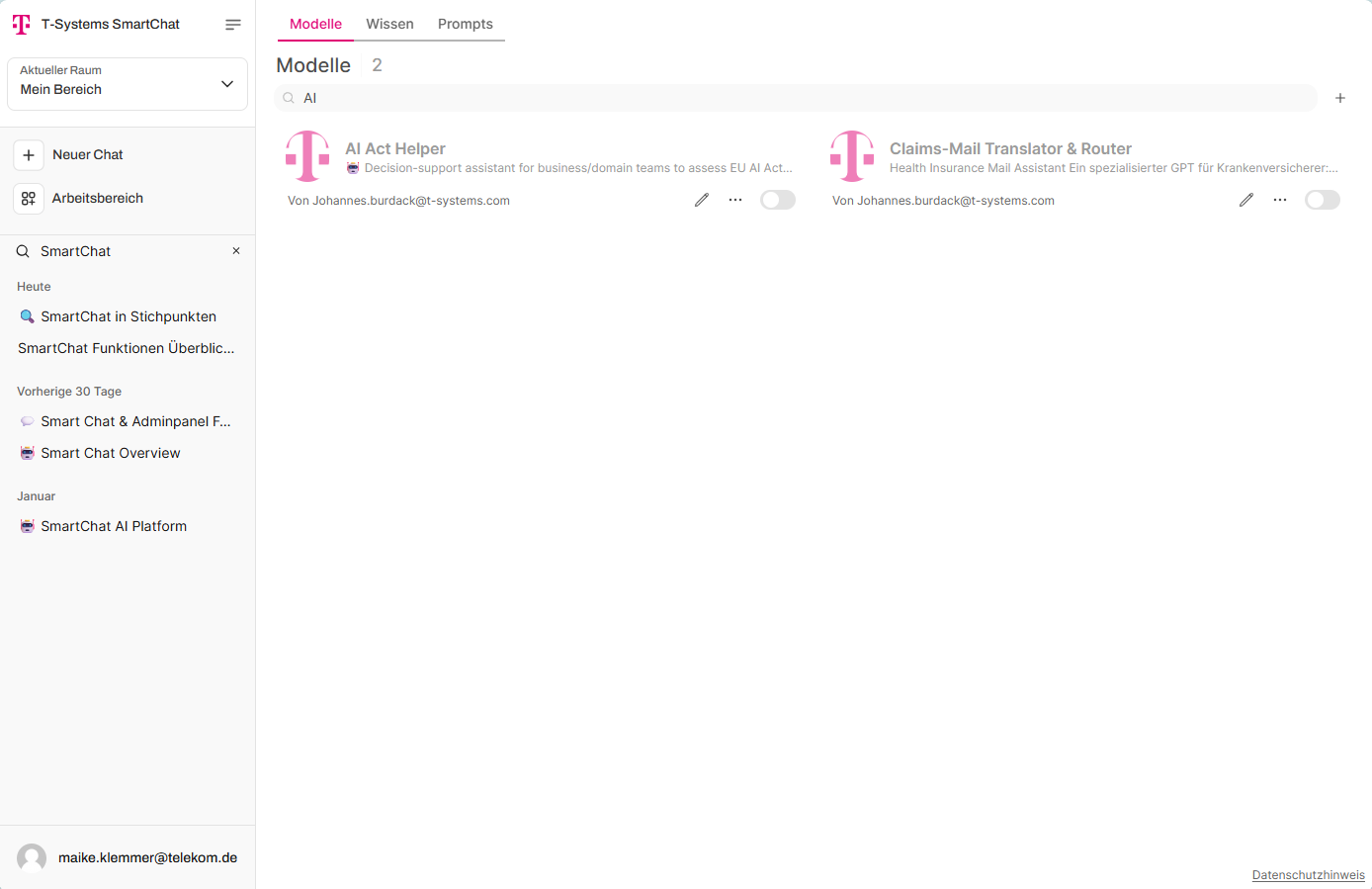 Models tab in the workspace
