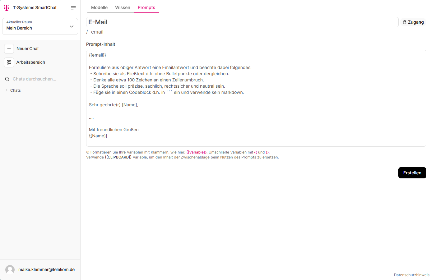 Prompt template editing view