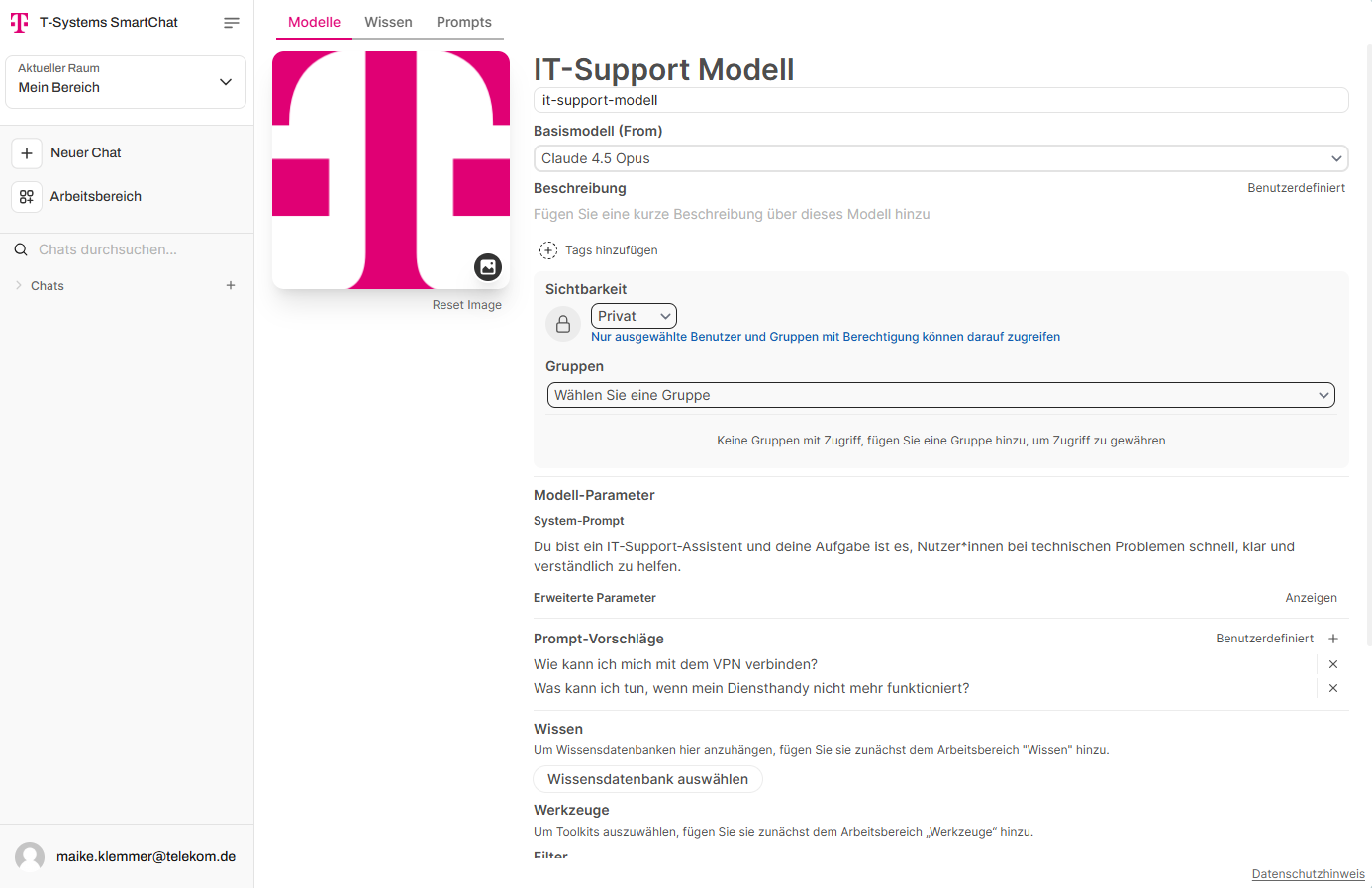 Bearbeitungsansicht für ein Modell