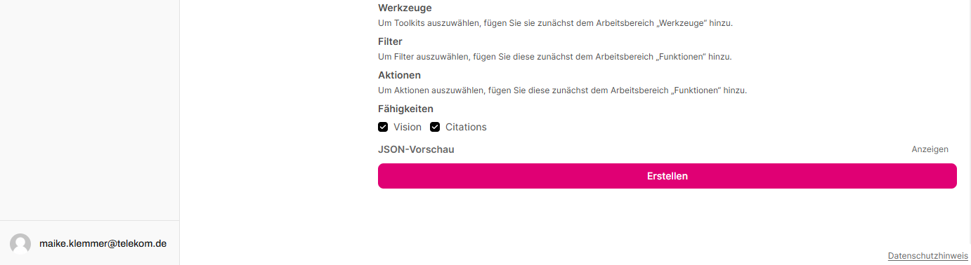 Weitere Modell-Parameter: Werkzeuge, Filter, Aktionen, Fähigkeiten